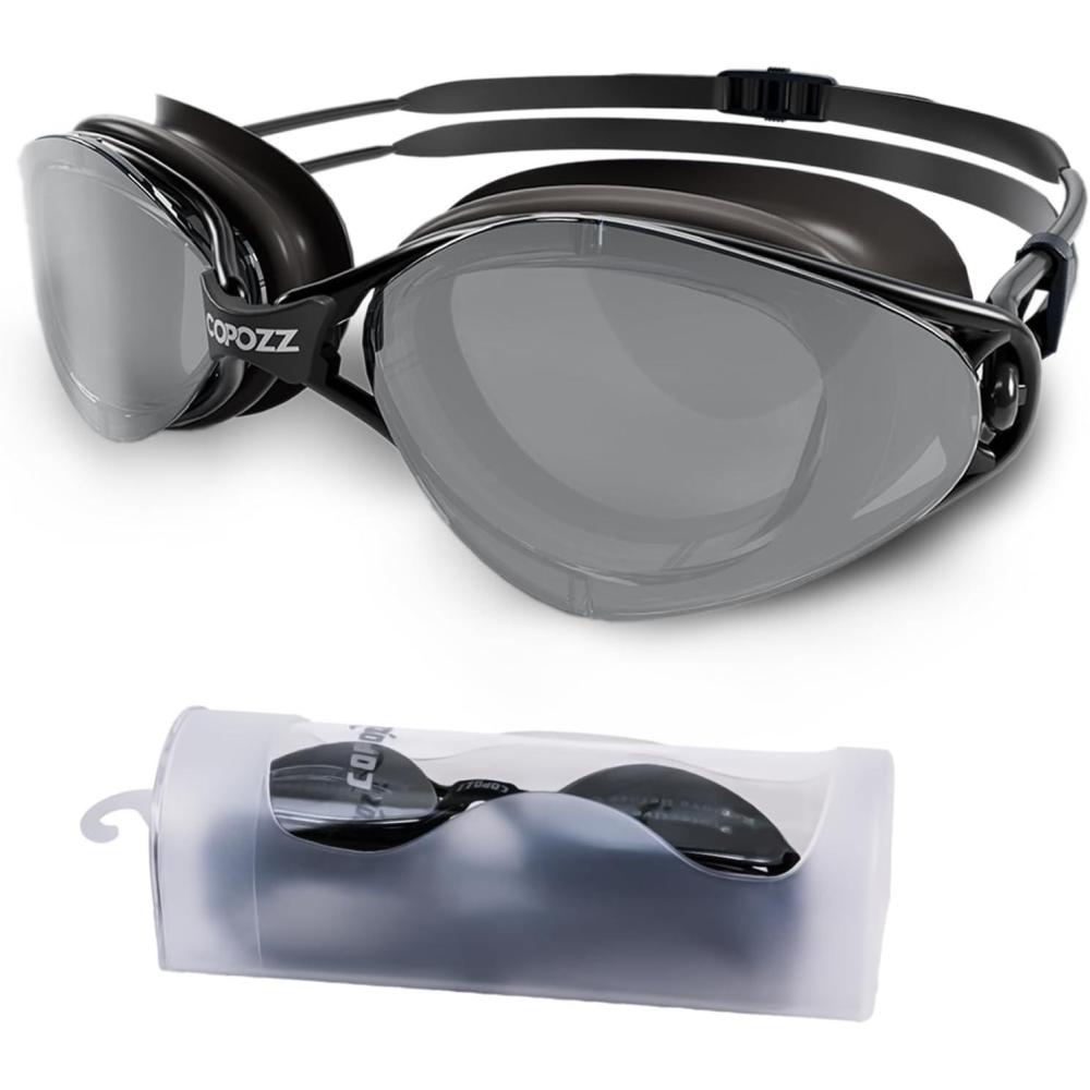 imageCOPOZZ S3 Swim Goggles for Adult Swimming Goggles Clear Vision Anti Fog UV400 Protection No Leaking for Men Women YouthMirrored Silver  Black Frame