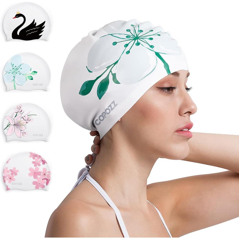 imageCOPOZZ Stylish Silicone Swim Cap for Women  Comfortable Durable and HairProtecting DesignWatercolor Flowers
