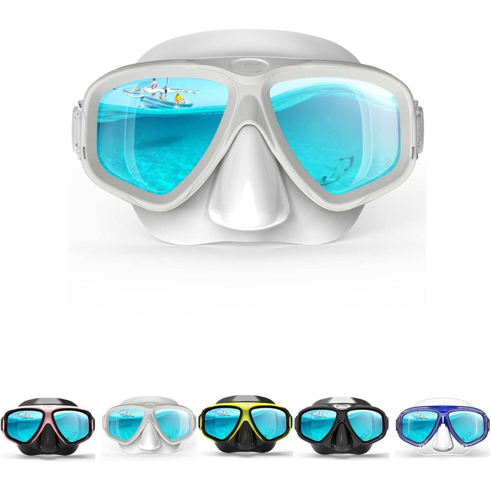 imageCOPOZZ Youth Scuba Mask Low Volume No Fogging Snorkeling Scuba Dive Glasses Seal Free Diving Tempered Glass Mask Goggles Swimming Scuba Dive Snorkeling Swim Mask Diving Goggles Mask for Men WomenBWhite