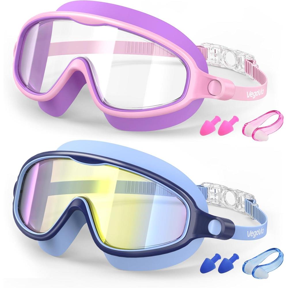imageKids Swim Goggles 2 Pack AntiFog UV Protection Wide View Swimming Goggles for kids 315 Youth Boys Girls ToddlerLightblueMirrored  PurpleClear
