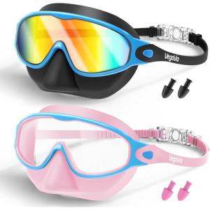 2 Pack Kids Swim Goggles with Nose Cover, Anti-Fog UV Protection Swimming Goggles for Kids Youth 3-15(Black Blue& Light Pink Blue)