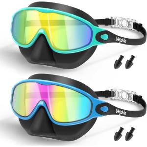 2 Pack Kids Swim Goggles with Nose Cover, Anti-Fog UV Protection Swimming Goggles for Kids Youth 3-15(Black Green& Black Blue)