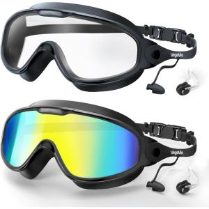 Adult Swim Goggles 2 Pack, Anti-Fog 180° Wide View UV Protection Pool Swimming Goggles for Adult Youth Men Women(Black/Clear & Aqua/Mirrored)