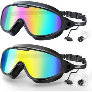 Adult Swim Goggles 2 Pack, Anti-Fog 180° Wide View UV Protection Pool Swimming Goggles for Adult Youth Men Women(Pink/Mirrored & Aqua/Mirrored)