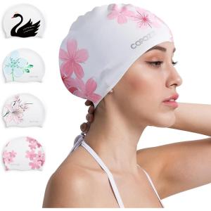 COPOZZ Stylish Silicone Swim Cap for Women – Comfortable, Durable, and Hair-Protecting Design(Cherry Blossom)