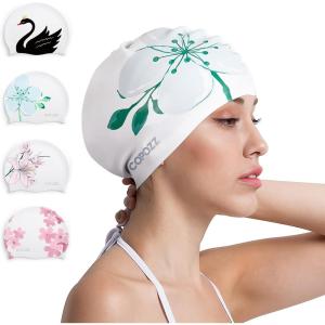 COPOZZ Stylish Silicone Swim Cap for Women – Comfortable, Durable, and Hair-Protecting Design(Watercolor Flowers)
