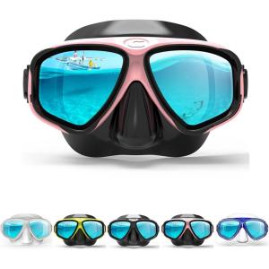 COPOZZ Youth Scuba Mask, Low Volume No Fogging Snorkeling Scuba Dive Glasses, Seal Free Diving Tempered Glass Mask Goggles, Swimming Scuba Dive Snorkeling Swim Mask Diving Goggles Mask for Men Women(A-Pink)