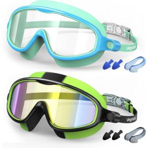 Kids Swim Goggles 2 Pack, Anti-Fog UV Protection Wide View Swimming Goggles for kids 3-15 Youth Boys Girls Toddler(Blue/Clear & Green/Mirrored)