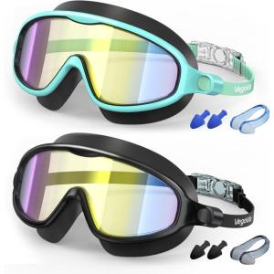 Kids Swim Goggles 2 Pack, Anti-Fog UV Protection Wide View Swimming Goggles for kids 3-15 Youth Boys Girls Toddler(Blue/Mirrored & Black/Mirrored)
