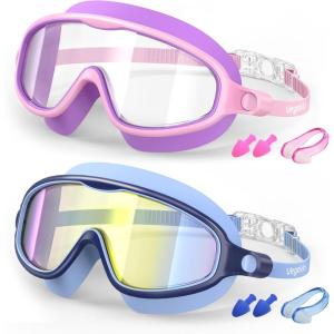 Kids Swim Goggles 2 Pack, Anti-Fog UV Protection Wide View Swimming Goggles for kids 3-15 Youth Boys Girls Toddler(Lightblue/Mirrored & Purple/Clear)