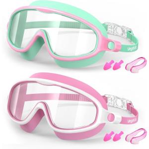 Kids Swim Goggles 2 Pack, Anti-Fog UV Protection Wide View Swimming Goggles for kids 3-15 Youth Boys Girls Toddler(Lightgreen/Clear & Pink/Clear)