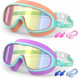 Kids Swim Goggles 2 Pack, Anti-Fog UV Protection Wide View Swimming Goggles for kids 3-15 Youth Boys Girls Toddler(Orange/Mirrored & Purple/Mirrored)