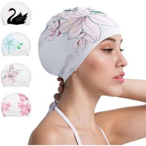 COPOZZ Stylish Silicone Swim Cap for Women – Comfortable, Durable, and Hair-Protecting Design(Lilies)