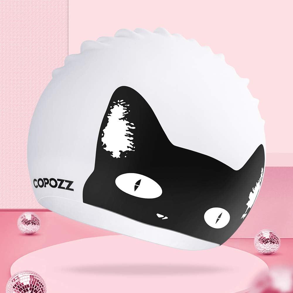 imageCOPOZZ Adult Swim Caps Silicone Waterproof Comfortable Swimming Cap for Women Long and Short HairBlack Cat12yrs
