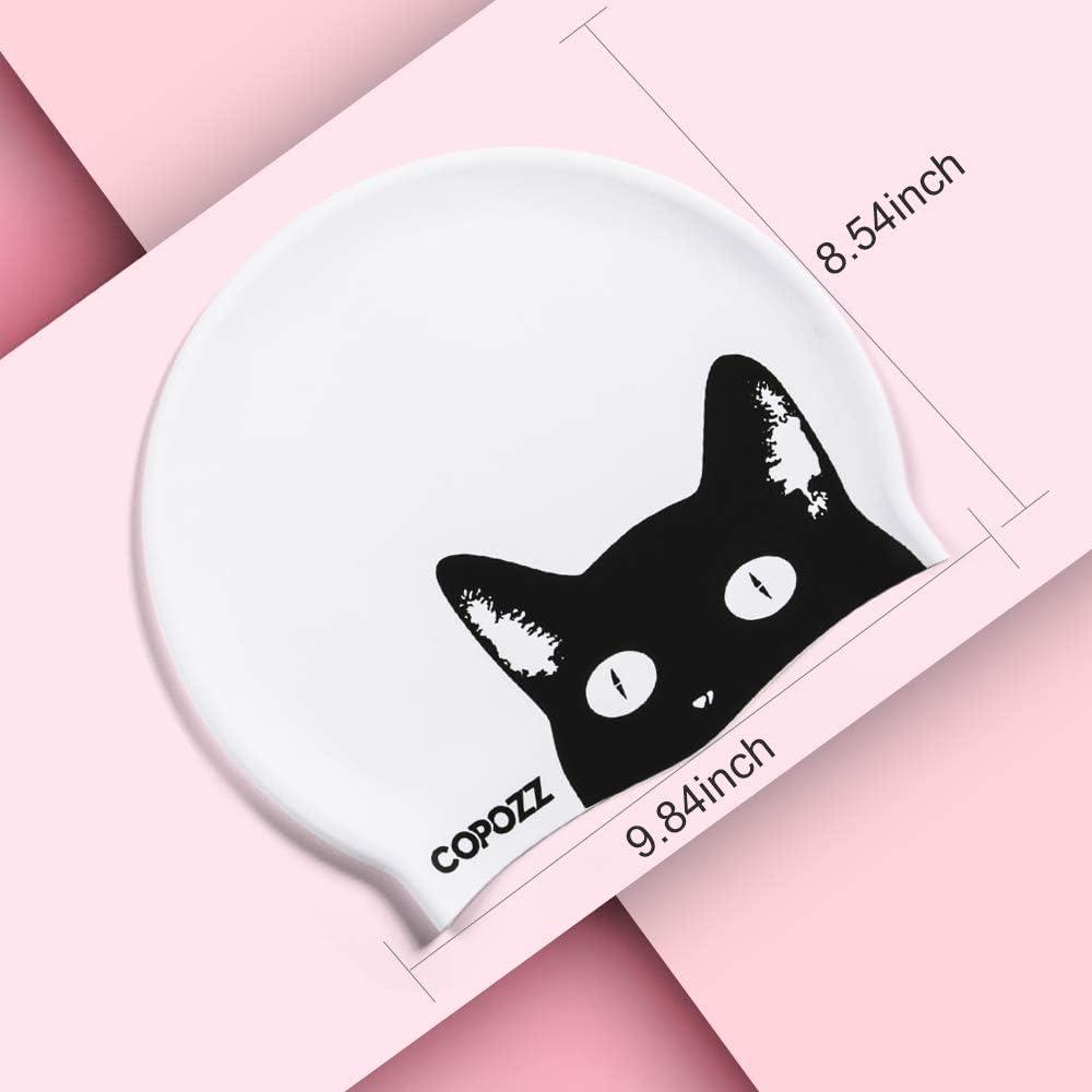 imageCOPOZZ Adult Swim Caps Silicone Waterproof Comfortable Swimming Cap for Women Long and Short HairBlack Cat12yrs
