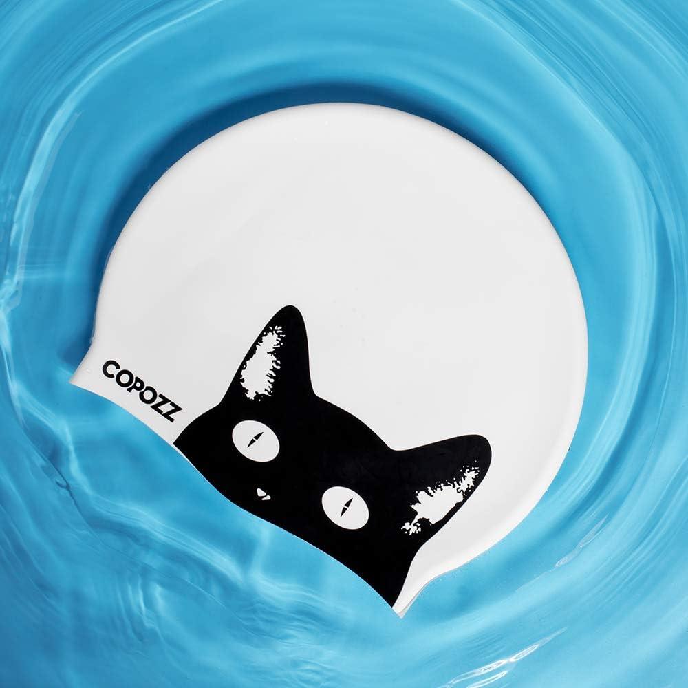 imageCOPOZZ Adult Swim Caps Silicone Waterproof Comfortable Swimming Cap for Women Long and Short HairBlack Cat12yrs