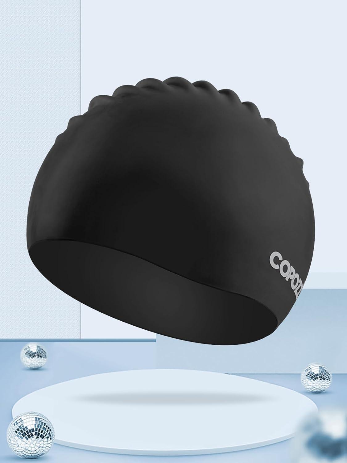 imageCOPOZZ Adult Swim Caps Silicone Waterproof Comfortable Swimming Cap for Women Long and Short HairBlack12yrs