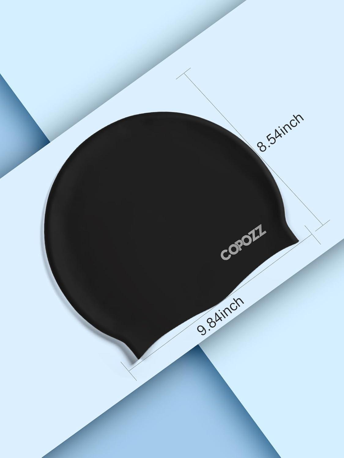 imageCOPOZZ Adult Swim Caps Silicone Waterproof Comfortable Swimming Cap for Women Long and Short HairBlack12yrs