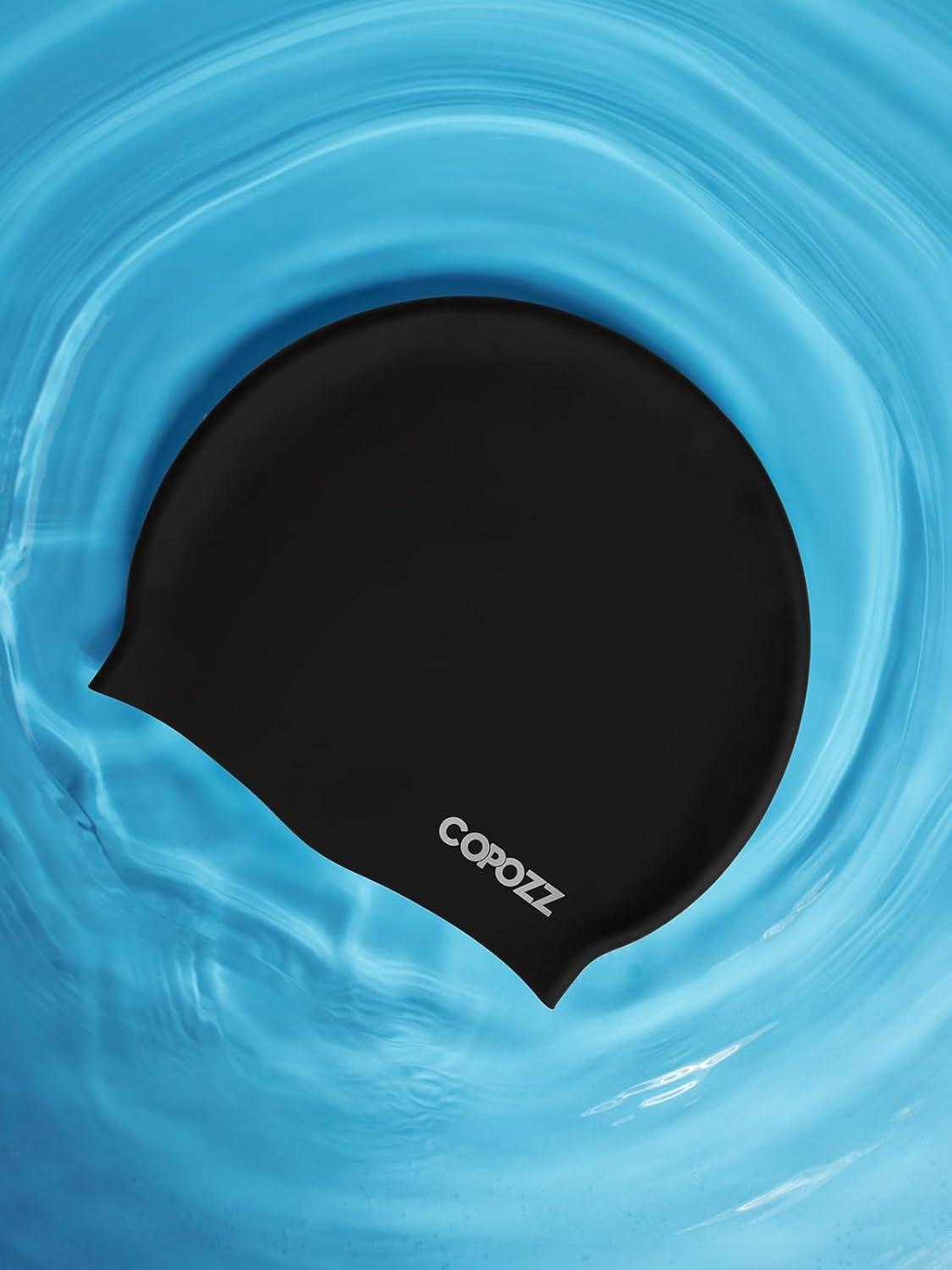 imageCOPOZZ Adult Swim Caps Silicone Waterproof Comfortable Swimming Cap for Women Long and Short HairBlack12yrs