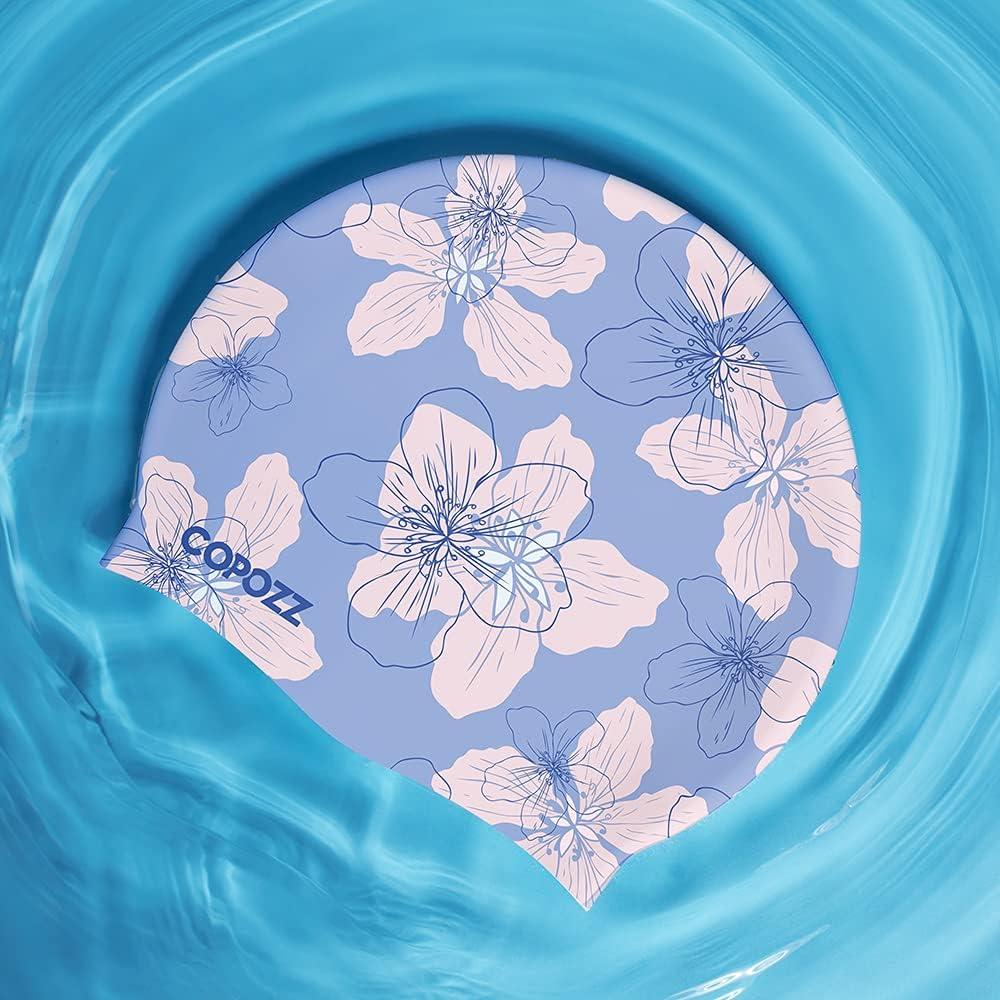 imageCOPOZZ Adult Swim Caps Silicone Waterproof Comfortable Swimming Cap for Women Long and Short HairBlue Flower12yrs