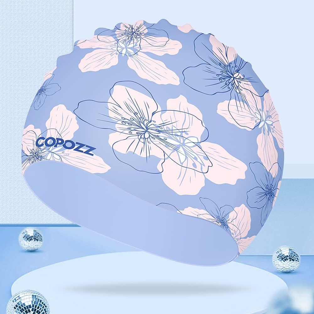 imageCOPOZZ Adult Swim Caps Silicone Waterproof Comfortable Swimming Cap for Women Long and Short HairBlue Flower12yrs
