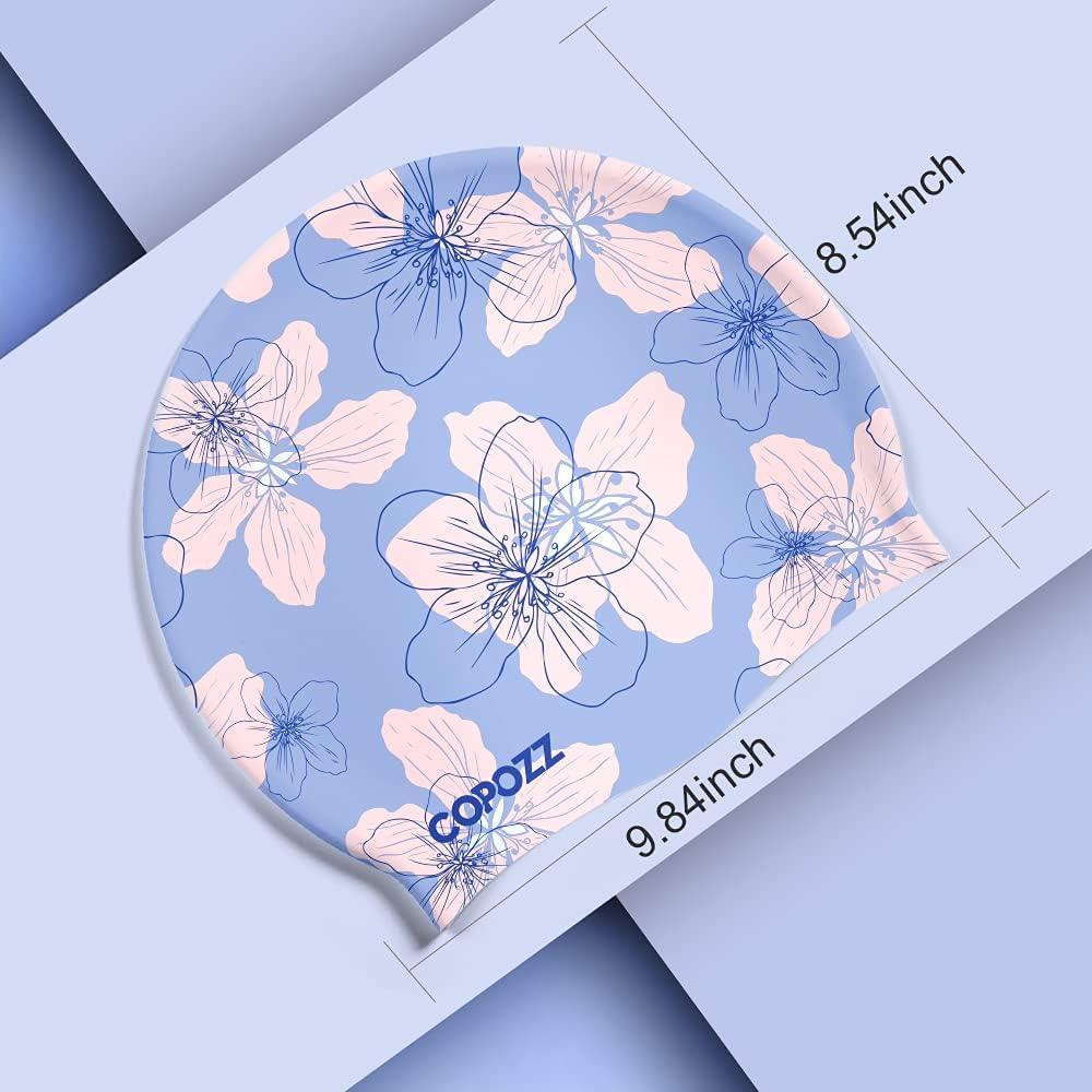 imageCOPOZZ Adult Swim Caps Silicone Waterproof Comfortable Swimming Cap for Women Long and Short HairBlue Flower12yrs