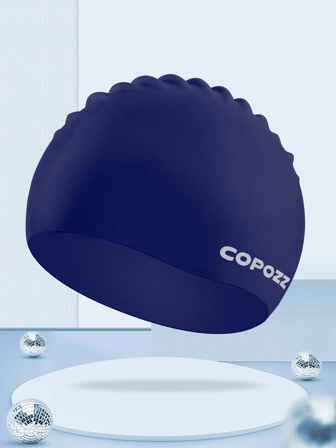 imageCOPOZZ Adult Swim Caps Silicone Waterproof Comfortable Swimming Cap for Women Long and Short HairBlue12yrs