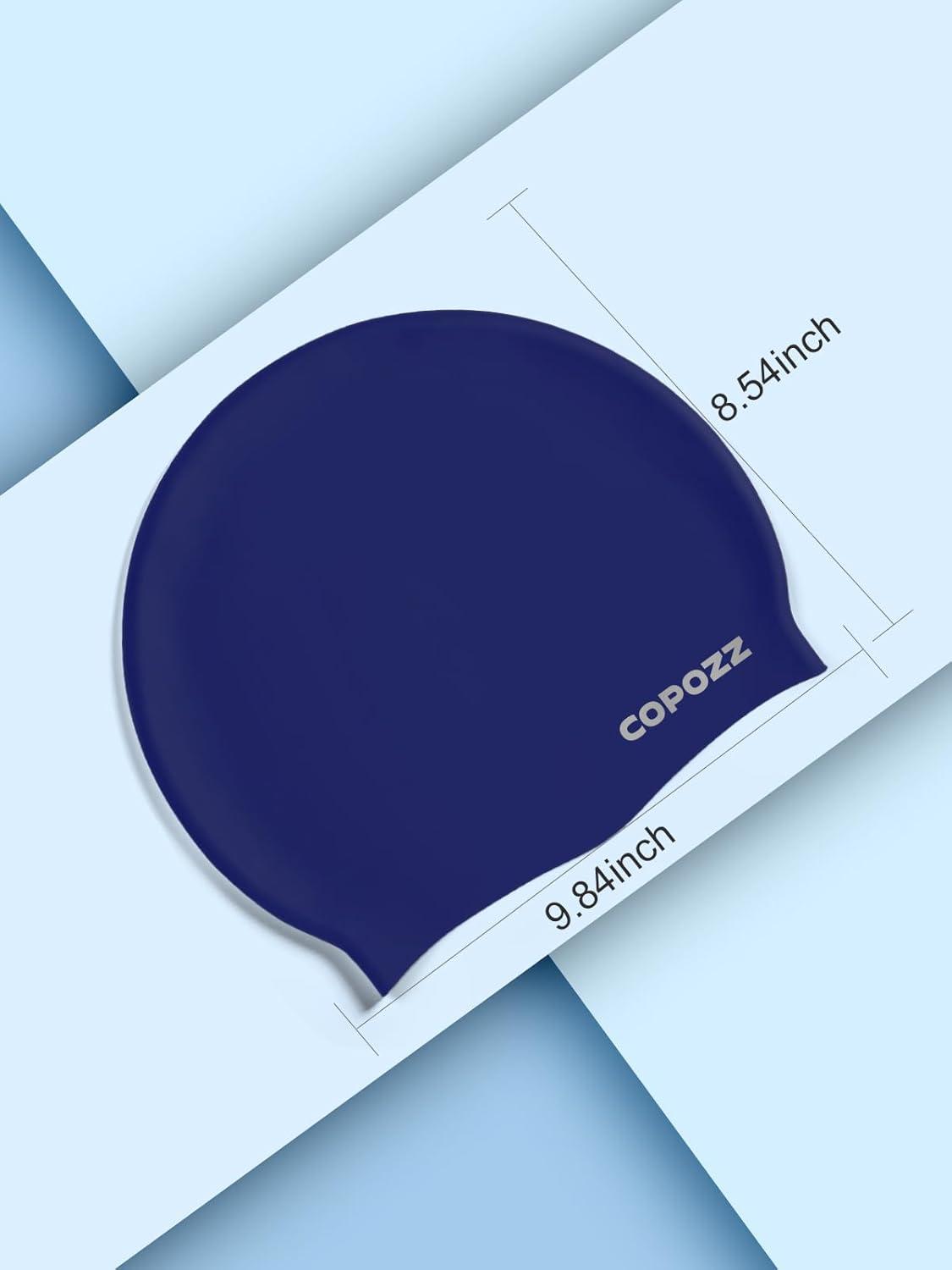 imageCOPOZZ Adult Swim Caps Silicone Waterproof Comfortable Swimming Cap for Women Long and Short HairBlue12yrs