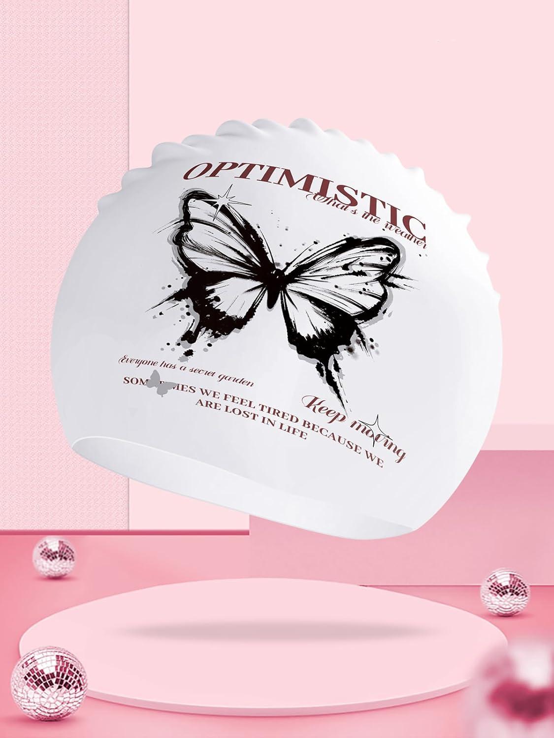 imageCOPOZZ Adult Swim Caps Silicone Waterproof Comfortable Swimming Cap for Women Long and Short HairButterfly12yrs