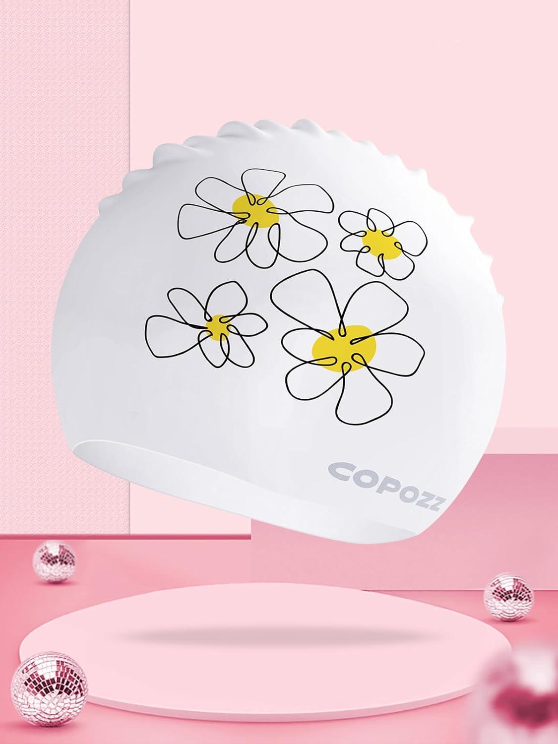 imageCOPOZZ Adult Swim Caps Silicone Waterproof Comfortable Swimming Cap for Women Long and Short HairDaisy12yrs