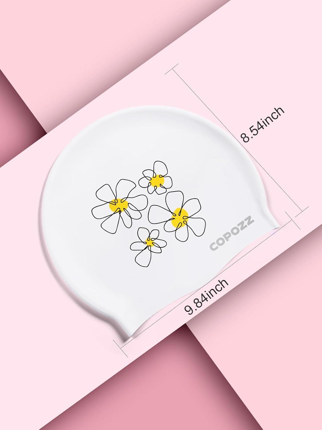 imageCOPOZZ Adult Swim Caps Silicone Waterproof Comfortable Swimming Cap for Women Long and Short HairDaisy12yrs