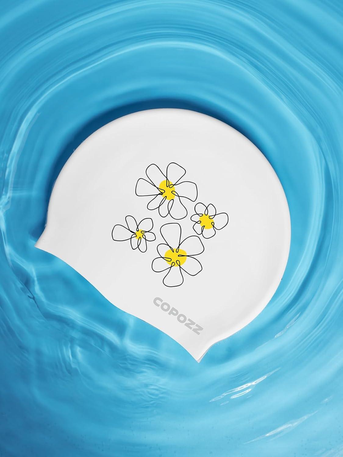 imageCOPOZZ Adult Swim Caps Silicone Waterproof Comfortable Swimming Cap for Women Long and Short HairDaisy12yrs