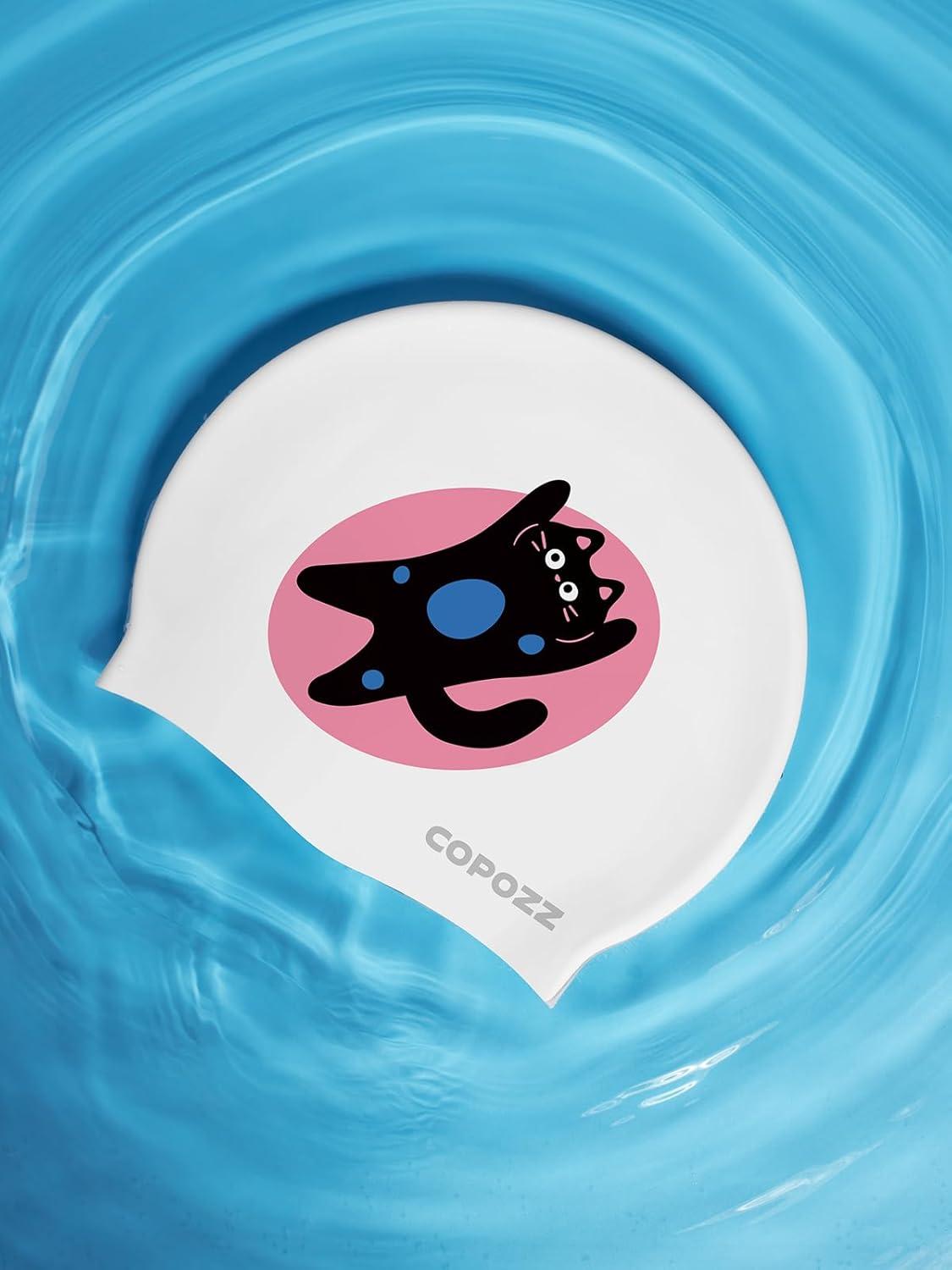 imageCOPOZZ Adult Swim Caps Silicone Waterproof Comfortable Swimming Cap for Women Long and Short HairKitten12yrs