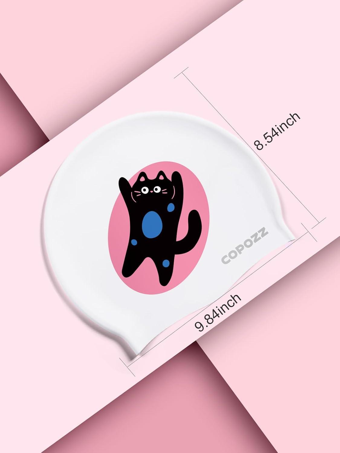 imageCOPOZZ Adult Swim Caps Silicone Waterproof Comfortable Swimming Cap for Women Long and Short HairKitten12yrs