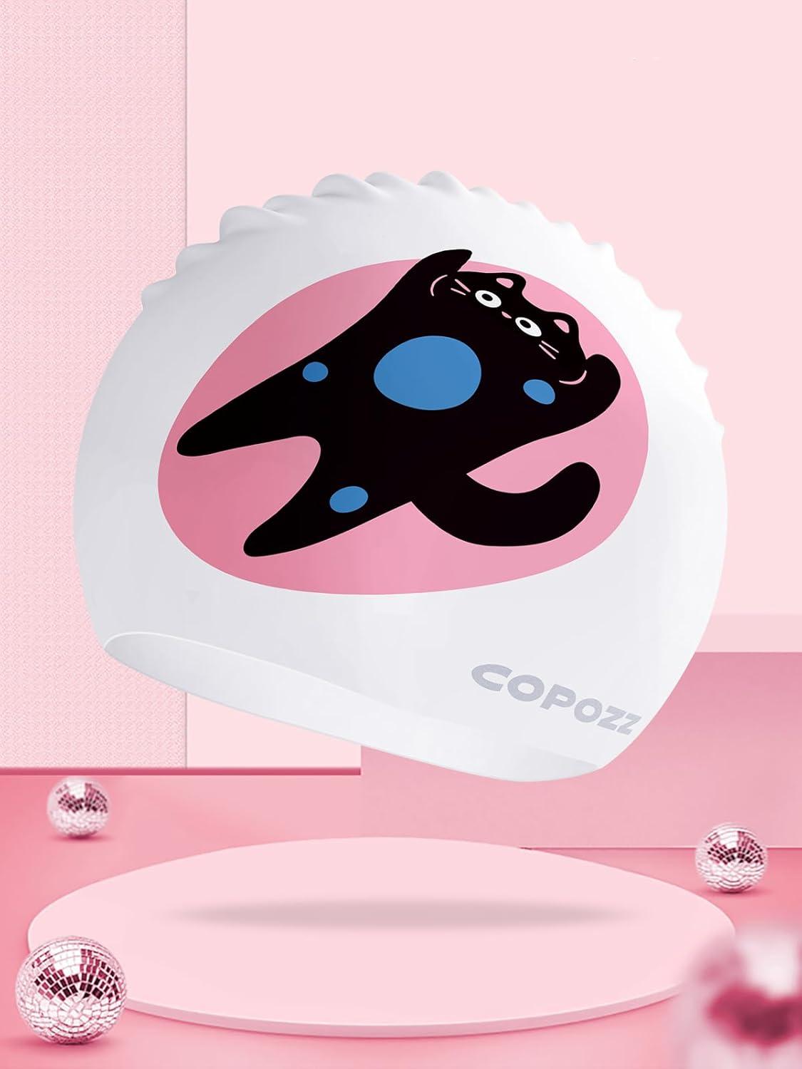 imageCOPOZZ Adult Swim Caps Silicone Waterproof Comfortable Swimming Cap for Women Long and Short HairKitten12yrs