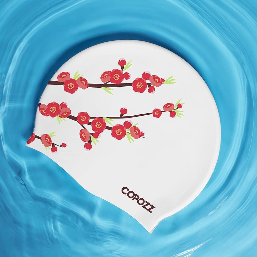 imageCOPOZZ Adult Swim Caps Silicone Waterproof Comfortable Swimming Cap for Women Long and Short HairPlum Blossom12yrs