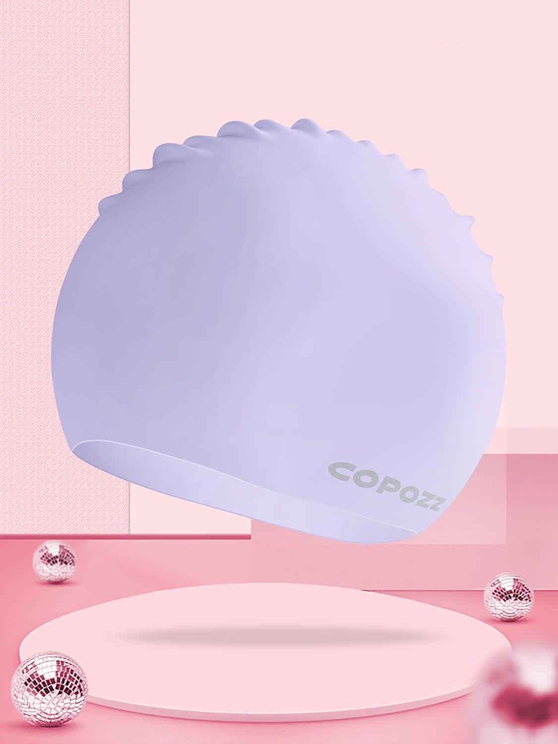 imageCOPOZZ Adult Swim Caps Silicone Waterproof Comfortable Swimming Cap for Women Long and Short HairPurple12yrs