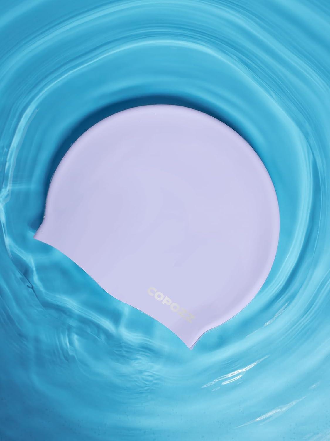 imageCOPOZZ Adult Swim Caps Silicone Waterproof Comfortable Swimming Cap for Women Long and Short HairPurple12yrs