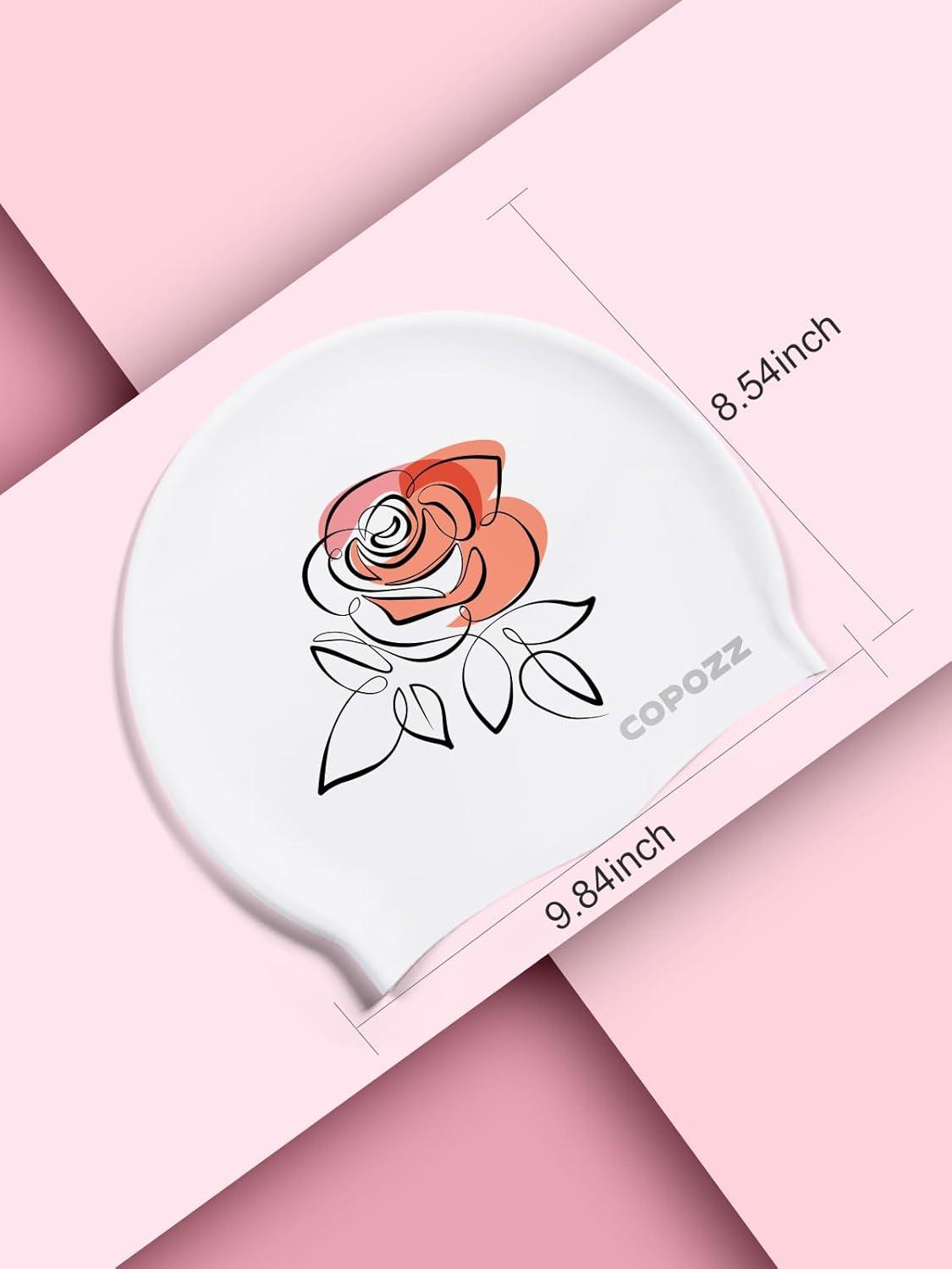 imageCOPOZZ Adult Swim Caps Silicone Waterproof Comfortable Swimming Cap for Women Long and Short HairRose12yrs