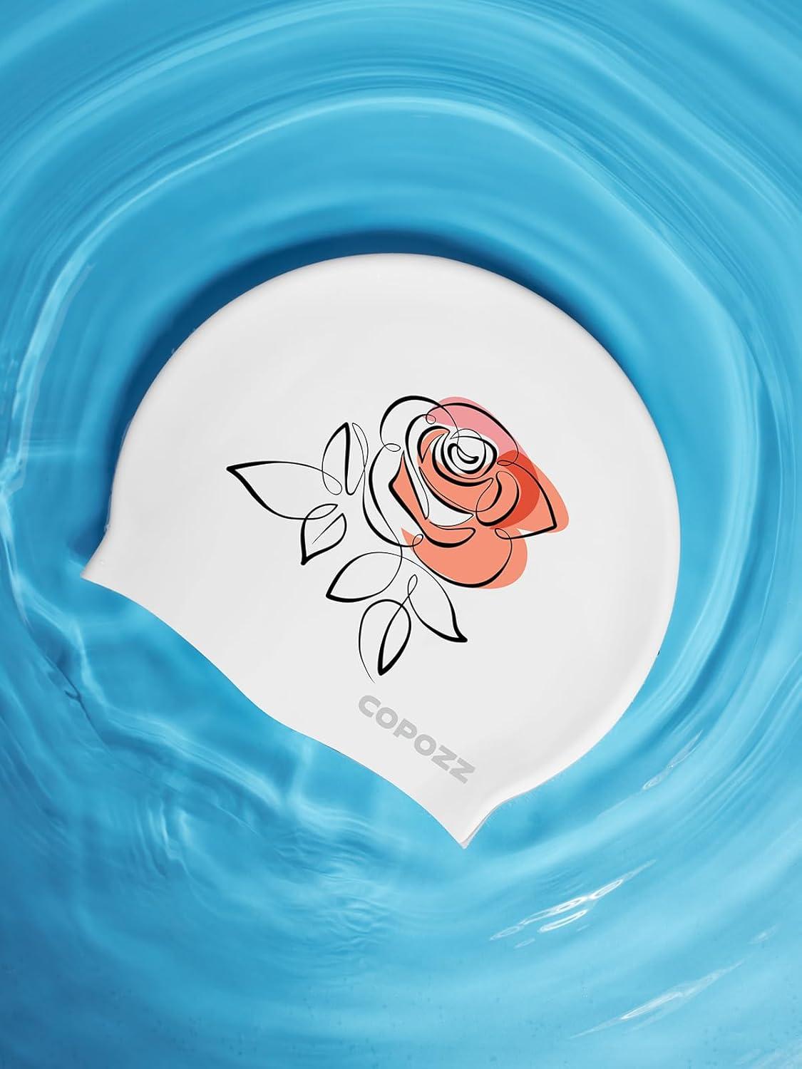 imageCOPOZZ Adult Swim Caps Silicone Waterproof Comfortable Swimming Cap for Women Long and Short HairRose12yrs