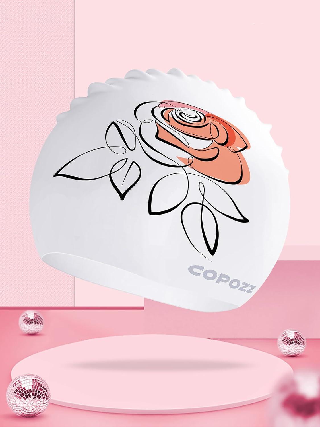 imageCOPOZZ Adult Swim Caps Silicone Waterproof Comfortable Swimming Cap for Women Long and Short HairRose12yrs