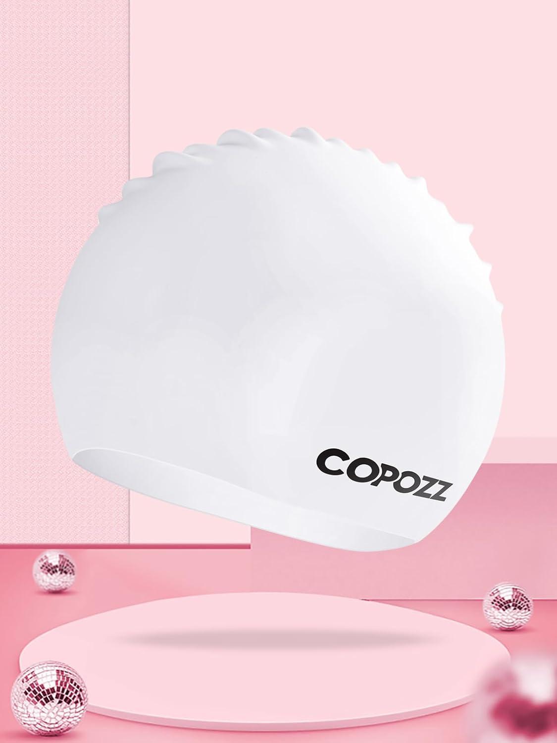 imageCOPOZZ Adult Swim Caps Silicone Waterproof Comfortable Swimming Cap for Women Long and Short HairWhite12yrs