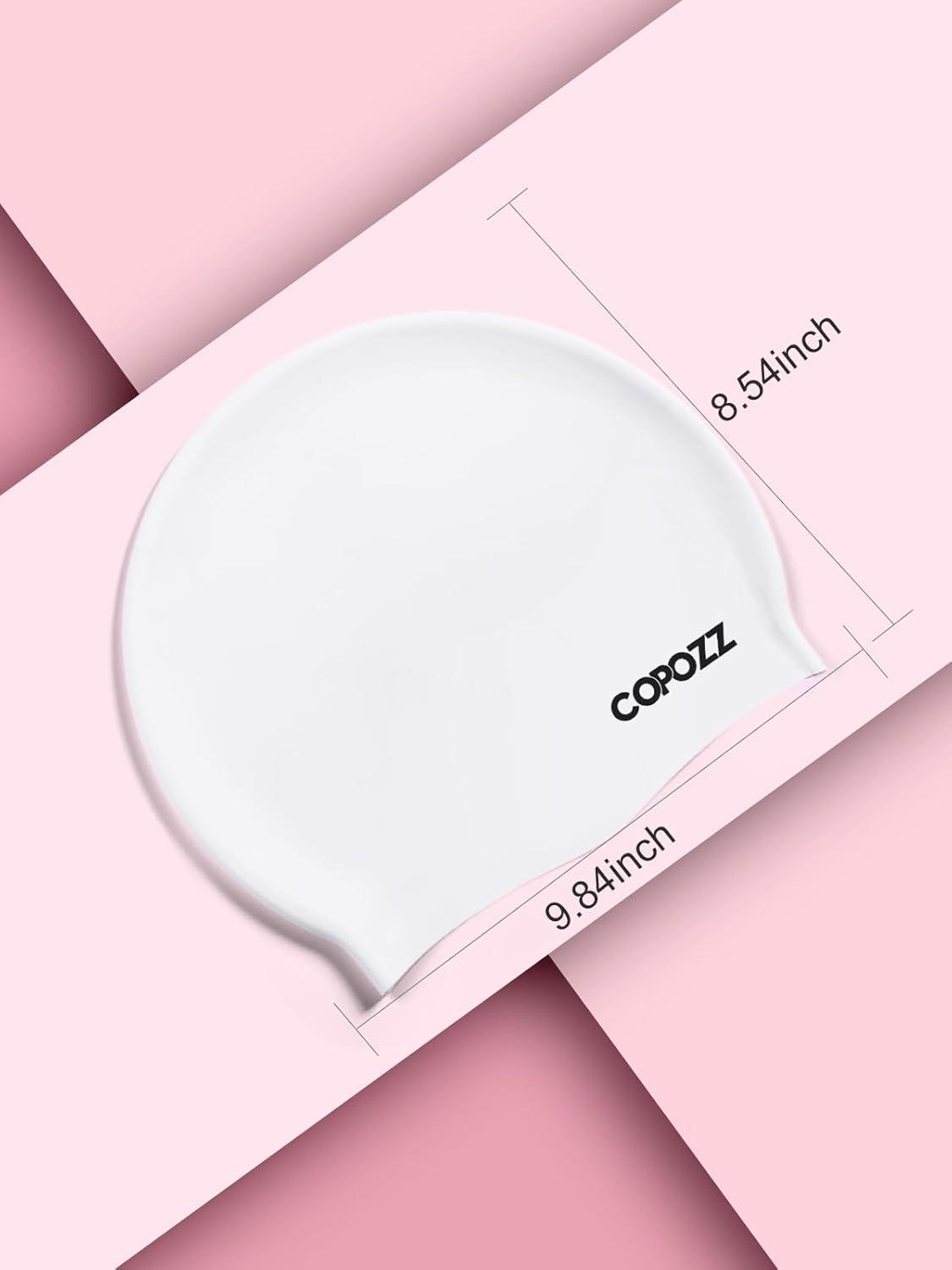 imageCOPOZZ Adult Swim Caps Silicone Waterproof Comfortable Swimming Cap for Women Long and Short HairWhite12yrs