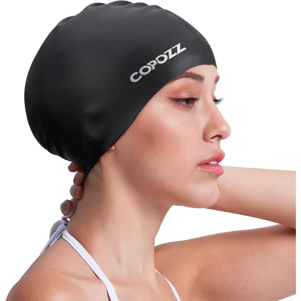 imageCOPOZZ Adult Swim Caps Silicone Waterproof Comfortable Swimming Cap for Women Long and Short HairBlack12yrs