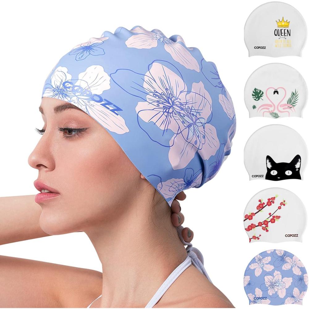imageCOPOZZ Adult Swim Caps Silicone Waterproof Comfortable Swimming Cap for Women Long and Short HairBlue Flower12yrs