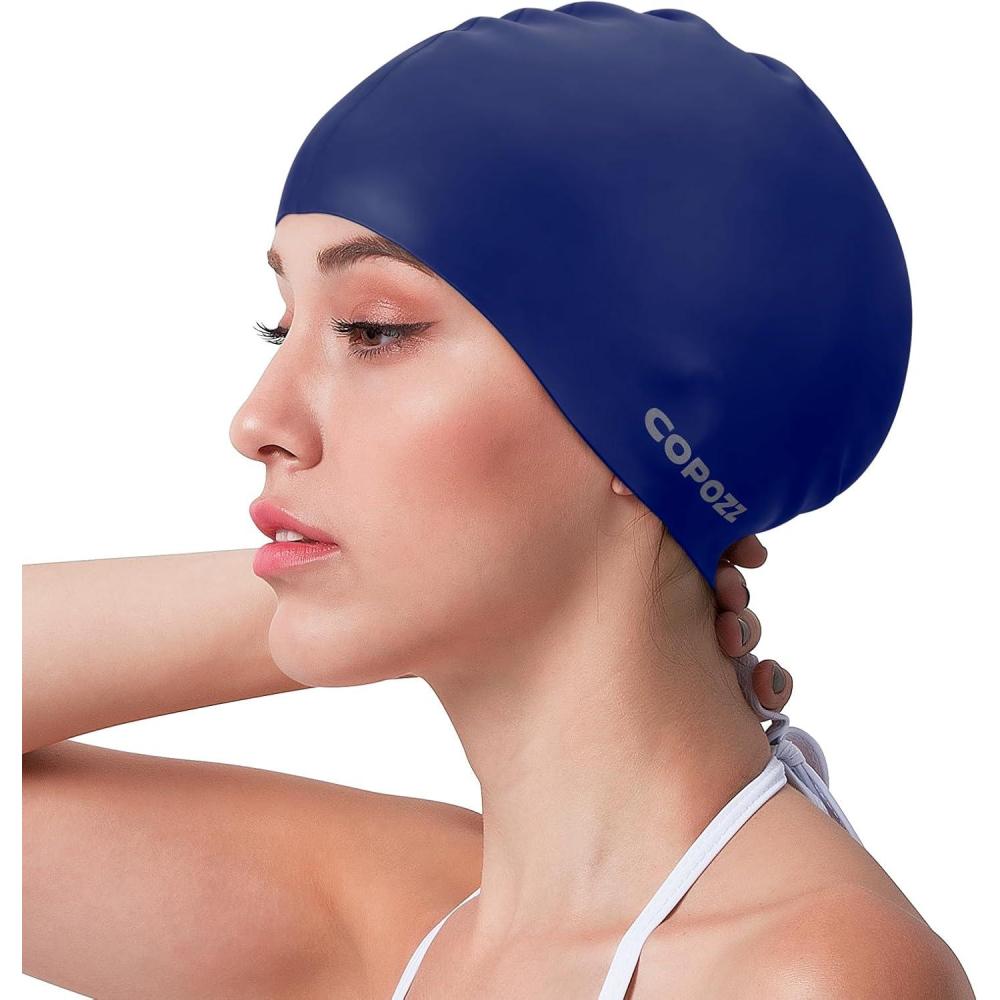 imageCOPOZZ Adult Swim Caps Silicone Waterproof Comfortable Swimming Cap for Women Long and Short HairBlue12yrs