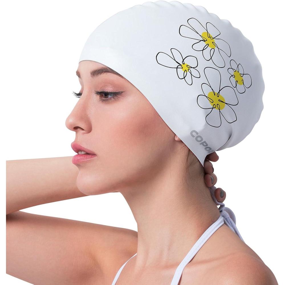 imageCOPOZZ Adult Swim Caps Silicone Waterproof Comfortable Swimming Cap for Women Long and Short HairDaisy12yrs
