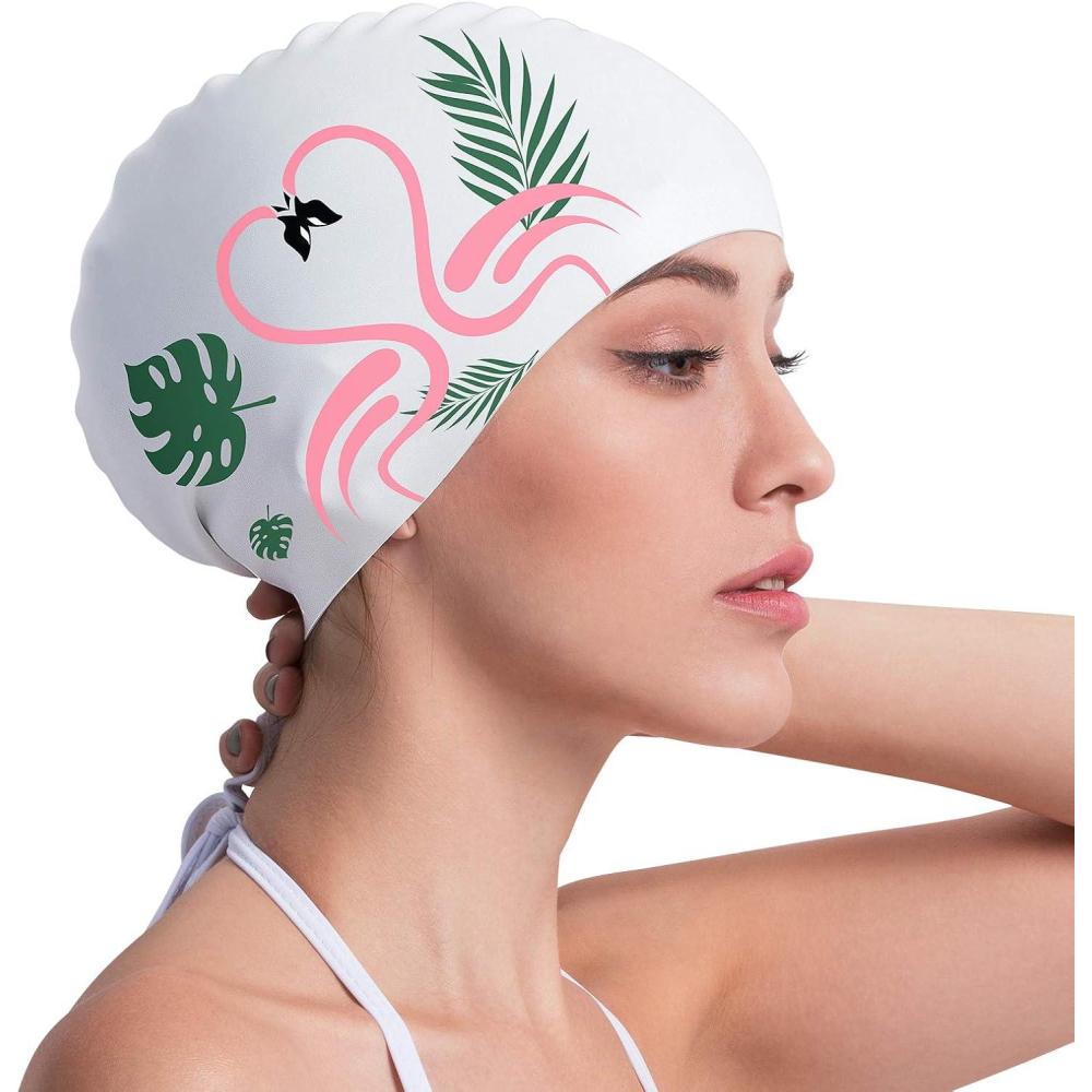 imageCOPOZZ Adult Swim Caps Silicone Waterproof Comfortable Swimming Cap for Women Long and Short HairFlamingo12yrs