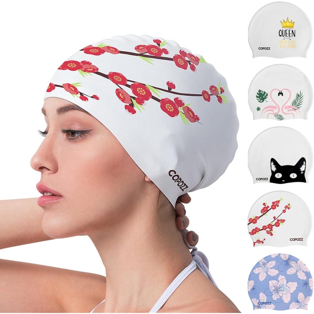 imageCOPOZZ Adult Swim Caps Silicone Waterproof Comfortable Swimming Cap for Women Long and Short HairPlum Blossom12yrs