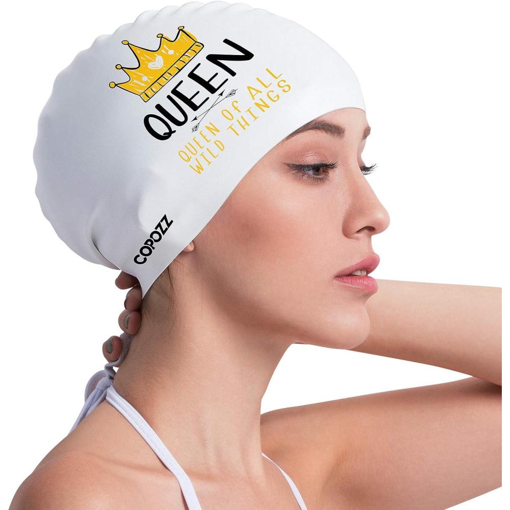 imageCOPOZZ Adult Swim Caps Silicone Waterproof Comfortable Swimming Cap for Women Long and Short HairQueen12yrs